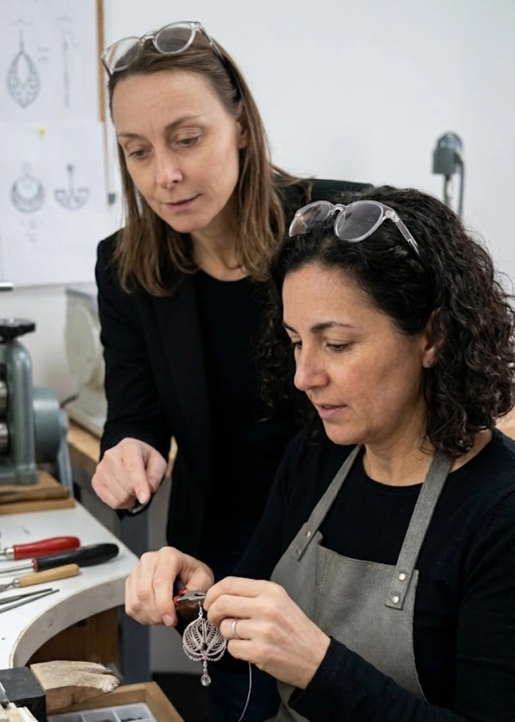 Formatrice guidant une stagiaire en techniques avancées de bijouterie fantaisie