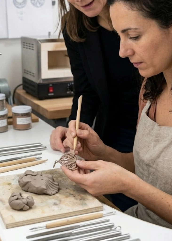 Création de bijoux en pâte de métal en atelier de formation