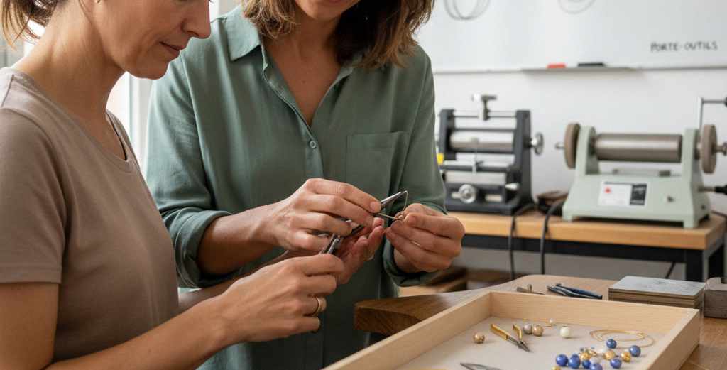 Atelier création bijoux 1 journée – deux femmes travaillant le fil et les perles à La Formaterie, Seine-et-Marne