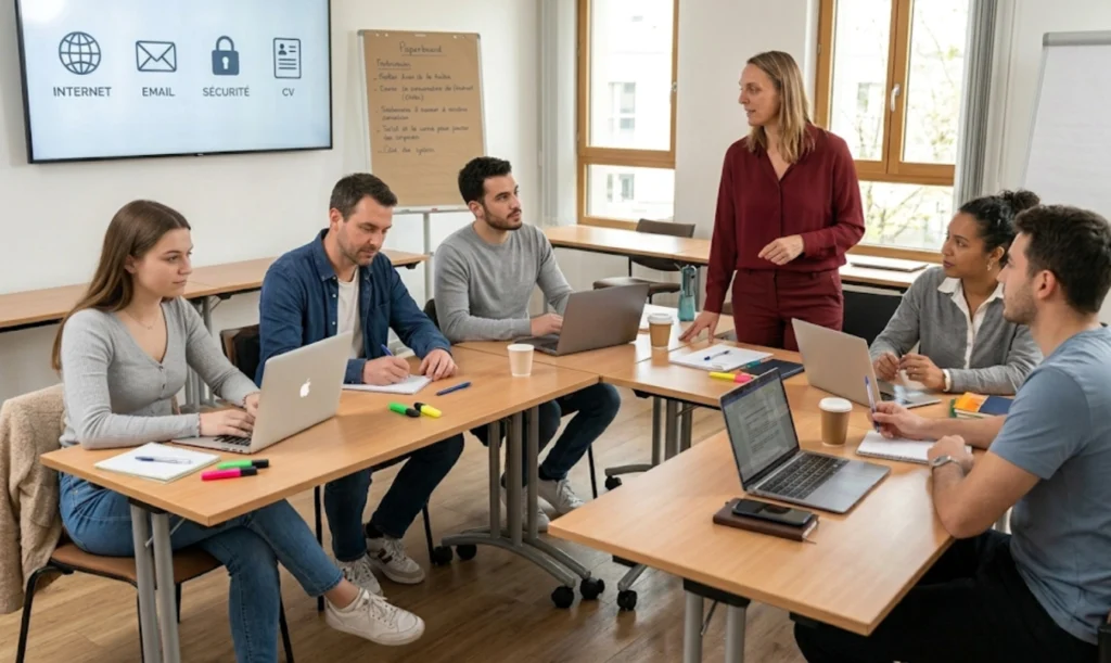 Salle de formation informatique débutant présentiel 77 – stagiaires sur ordinateurs – La Formaterie