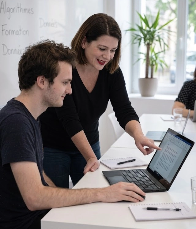 Formateur guidant un débutant sur ordinateur – formation informatique présentiel 77