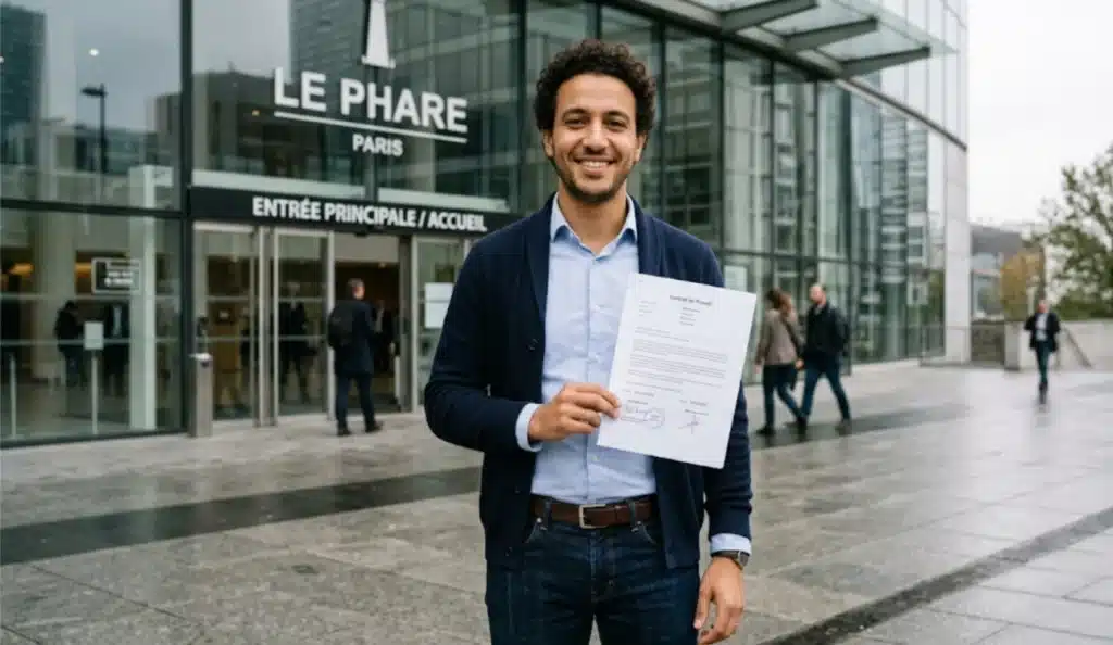 Homme tenant un contrat de travail devant le bâtiment Le Phare Paris, après une formation retour à l'emploi en Seine-et-Marne