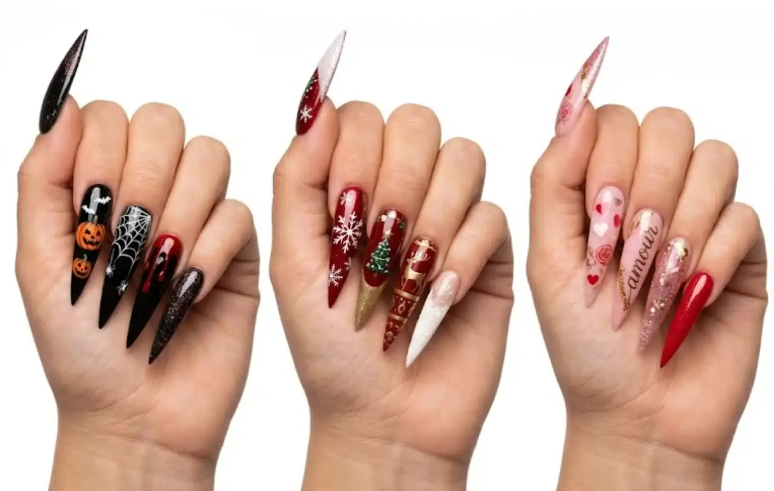 Formation nail art professionnel — mains avec ongles stiletto décorés Halloween, Noël, Saint-Valentin et Disney