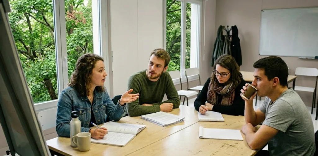 Groupe en formation retour à l'emploi autour d'une table, échangeant avec une formatrice