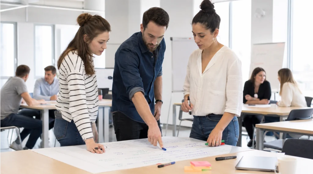 Groupe de travail en formations sur mesure – trois collaborateurs debout autour d'un paperboard à La Formaterie, Croissy-Beaubourg (77)