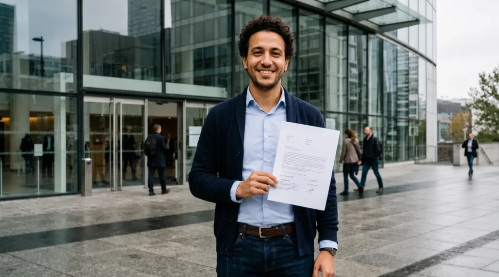 Homme tenant un contrat de travail devant le bâtiment Le Phare Paris, après une formation retour à l'emploi en Seine-et-Marne